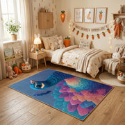 Colorful geometric owl rug centered in a cozy playroom
