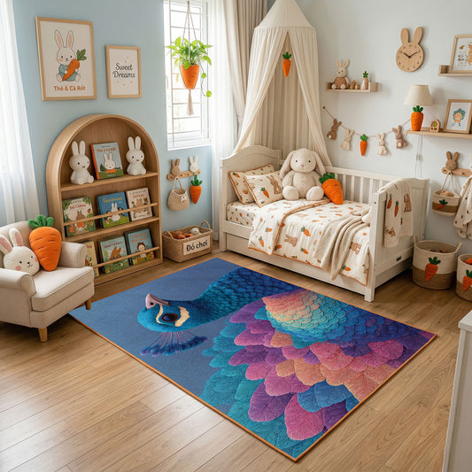 Colorful geometric owl rug displayed in a warm kids bedroom