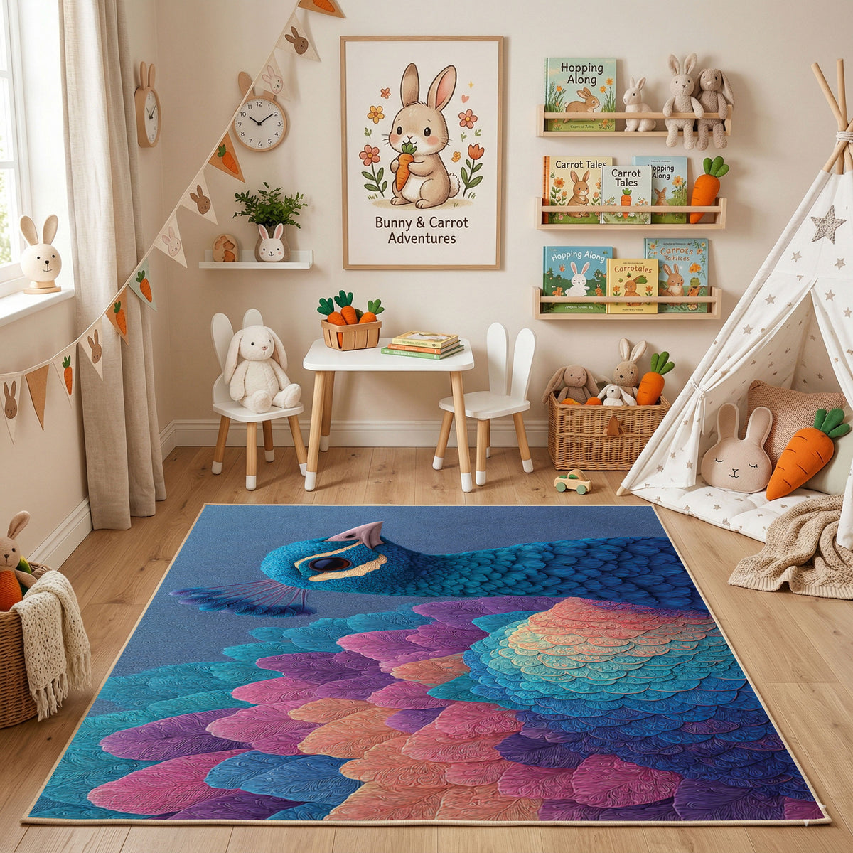 Colorful geometric owl rug angled view with wooden furniture