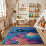 Colorful geometric owl rug angled view with wooden furniture
