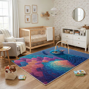 Colorful geometric owl rug shown near a reading corner
