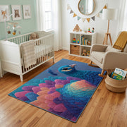 Colorful geometric owl rug styled with soft nursery decor