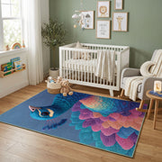 Colorful geometric owl rug displayed in a colorful play space