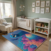 Colorful geometric owl rug wide room view in a modern nursery