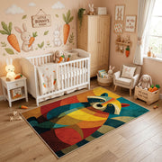 Colorful geometric owl rug styled in a bright nursery
