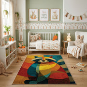 Colorful geometric owl rug shown beside a child’s bed
