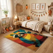 Colorful geometric owl rug centered in a cozy playroom