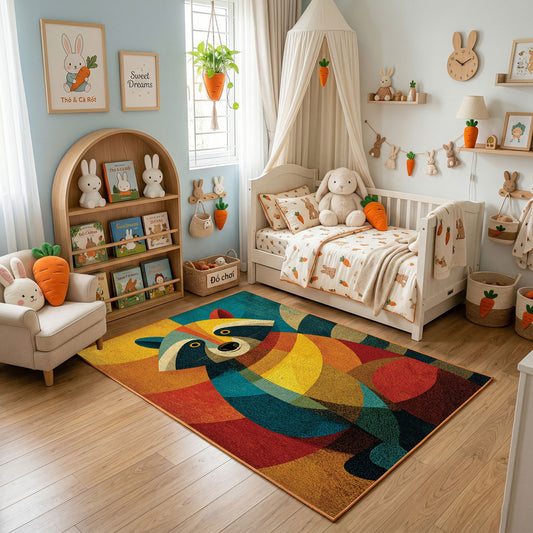 Colorful geometric owl rug displayed in a warm kids bedroom