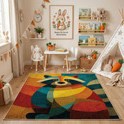 Colorful geometric owl rug angled view with wooden furniture