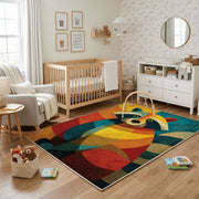 Colorful geometric owl rug shown near a reading corner