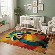 Colorful geometric owl rug displayed in a colorful play space