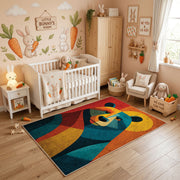 Colorful geometric bear rug styled in a bright nursery