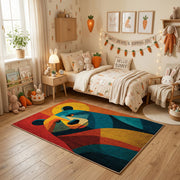 Colorful geometric bear rug centered in a cozy playroom