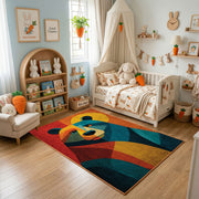 Colorful geometric bear rug displayed in a warm kids bedroom