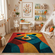 Colorful geometric bear rug angled view with wooden furniture