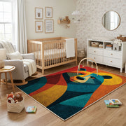 Colorful geometric bear rug shown near a reading corner