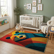 Colorful geometric bear rug displayed in a colorful play space