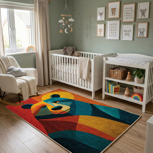 Colorful geometric bear rug wide room view in a modern nursery