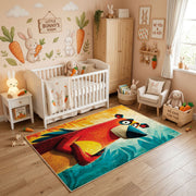Colorful geometric parrot rug styled in a bright nursery