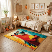 Colorful geometric parrot rug centered in a cozy playroom