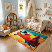 Colorful geometric parrot rug displayed in a warm kids bedroom