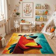 Colorful geometric parrot rug angled view with wooden furniture