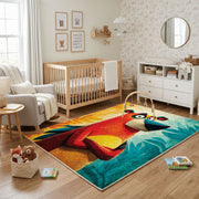 Colorful geometric parrot rug shown near a reading corner
