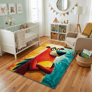 Colorful geometric parrot rug styled with soft nursery decor