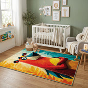Colorful geometric parrot rug displayed in a colorful play space