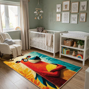 Colorful geometric parrot rug wide room view in a modern nursery