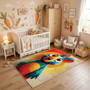 Colorful geometric parrot rug styled in a bright nursery