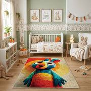 Colorful geometric parrot rug shown beside a child’s bed