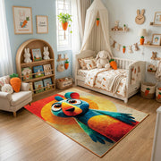 Colorful geometric parrot rug displayed in a warm kids bedroom