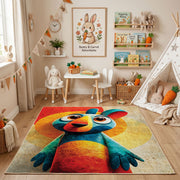 Colorful geometric parrot rug angled view with wooden furniture