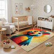 Colorful geometric parrot rug shown near a reading corner