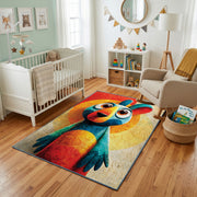 Colorful geometric parrot rug styled with soft nursery decor