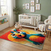 Colorful geometric parrot rug displayed in a colorful play space