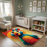 Colorful geometric parrot rug wide room view in a modern nursery