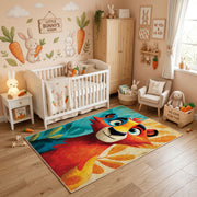 Colorful geometric lion rug styled in a bright nursery