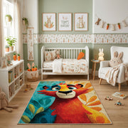 Colorful geometric lion rug shown beside a child’s bed