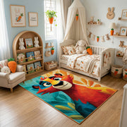 Colorful geometric lion rug displayed in a warm kids bedroom