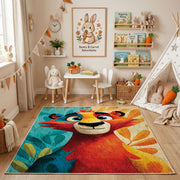 Colorful geometric lion rug angled view with wooden furniture