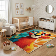 Colorful geometric lion rug shown near a reading corner