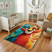 Colorful geometric lion rug styled with soft nursery decor