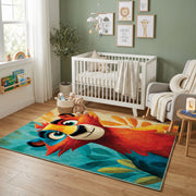 Colorful geometric lion rug displayed in a colorful play space