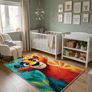 Colorful geometric lion rug wide room view in a modern nursery