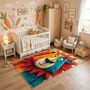 Colorful geometric lion rug styled in a bright nursery