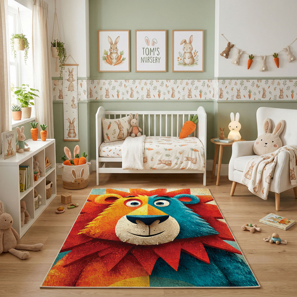 Colorful geometric lion rug shown beside a child’s bed