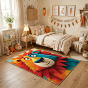 Colorful geometric lion rug centered in a cozy playroom