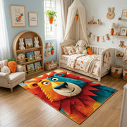 Colorful geometric lion rug displayed in a warm kids bedroom
